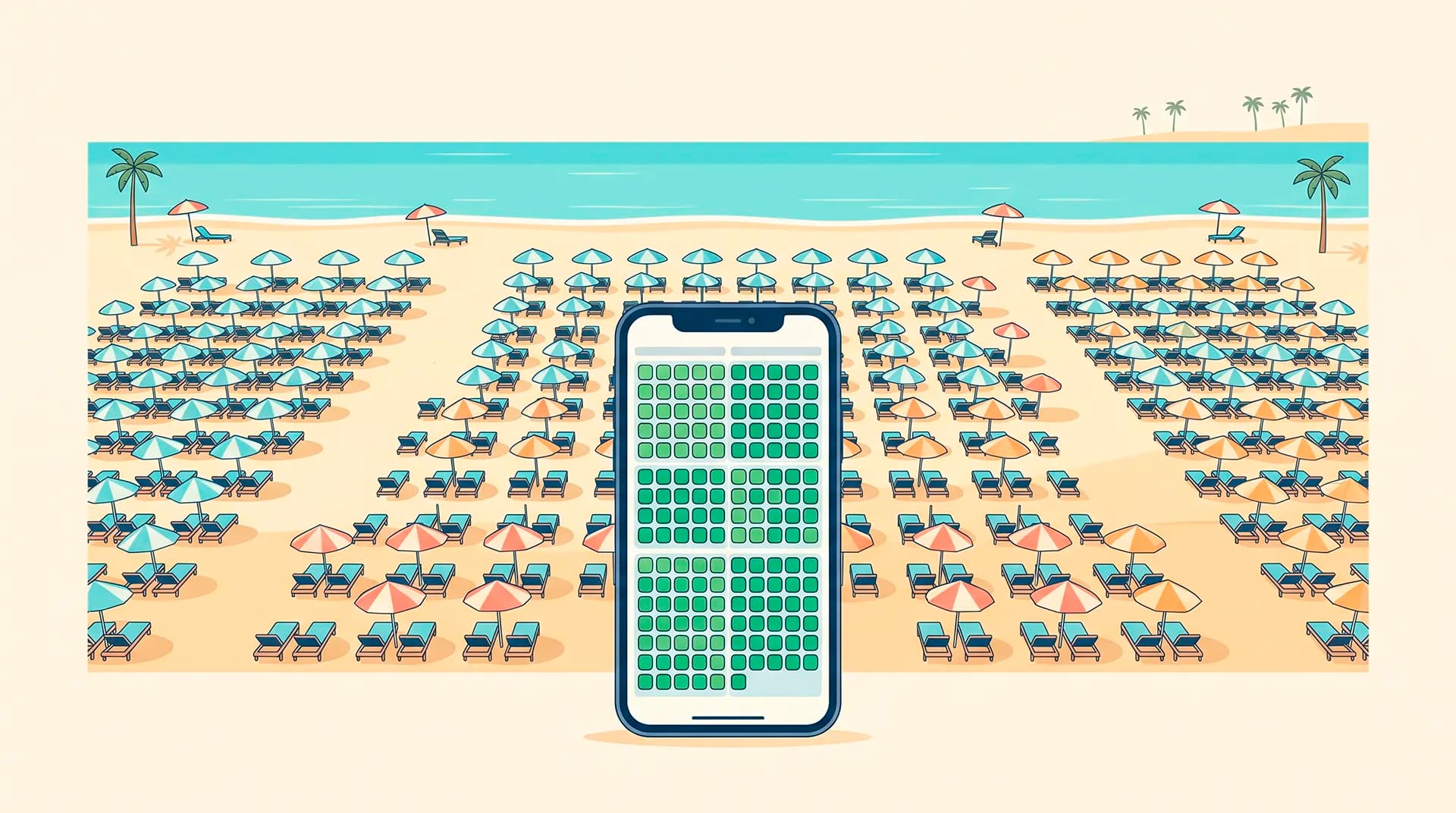 Playa con cientos de hamacas ordenadas por zonas y un móvil mostrando el panel de gestión con el estado de cada hamaca