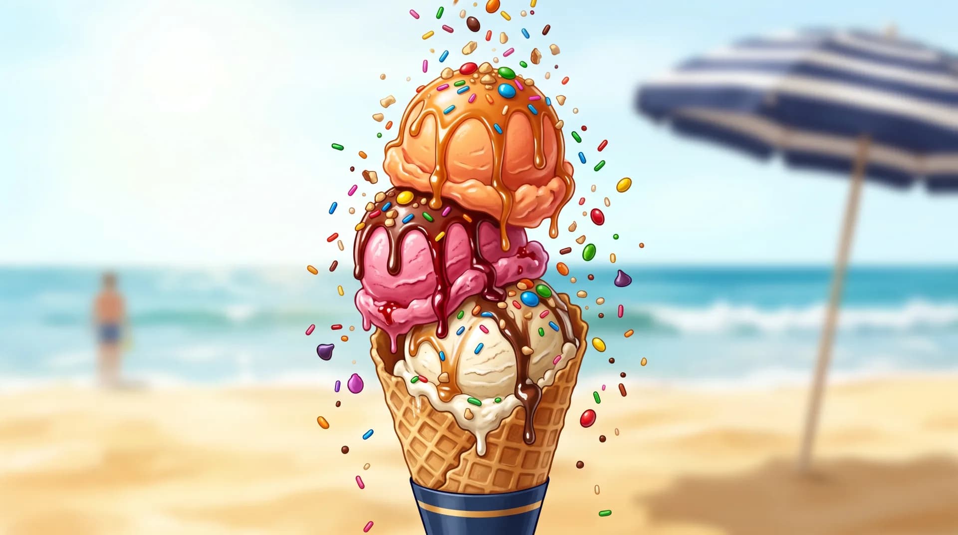 Cucurucho de helado de tres bolas con toppings de colores cayendo, como metáfora de un plan de hamacas a medida