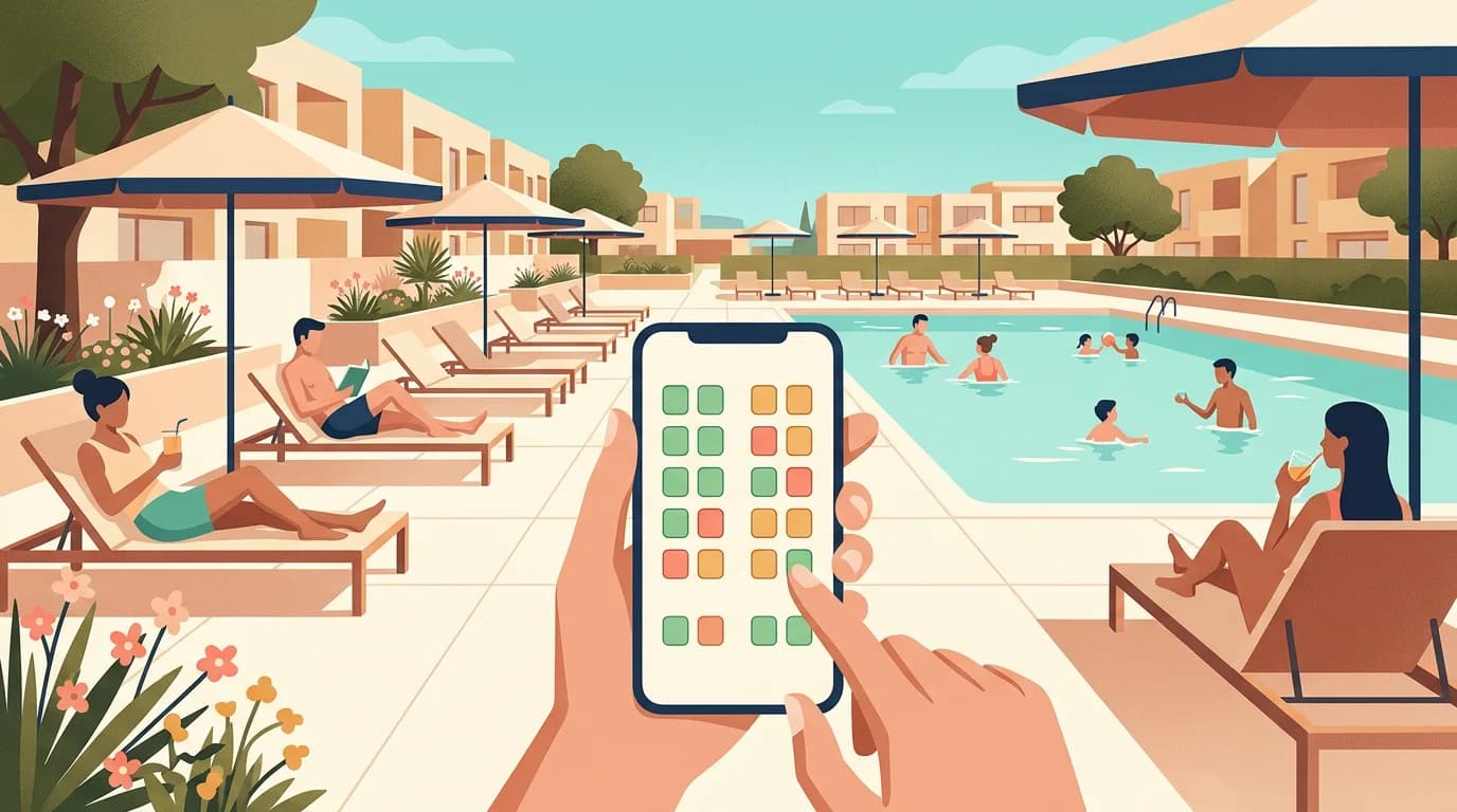 Ilustración de una piscina comunitaria con hamacas ordenadas y reserva de turnos desde el móvil